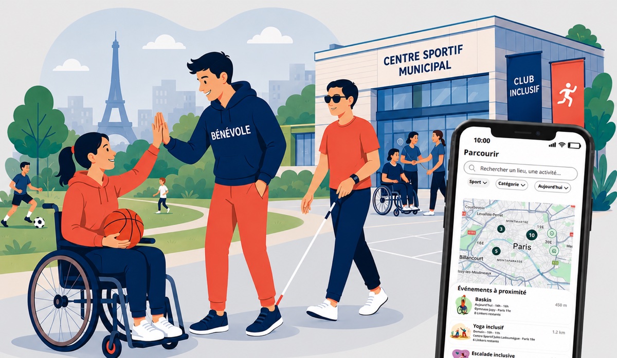 Illustration : une personne en fauteuil roulant, un ballon de basket sur les genoux, tape dans la main d'un bénévole devant un centre sportif municipal. À droite, l'application LinkUp sur un téléphone.